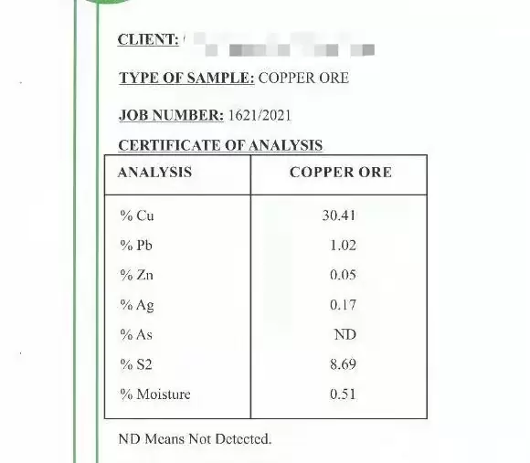 Copper ore testing certificate from Nigeria